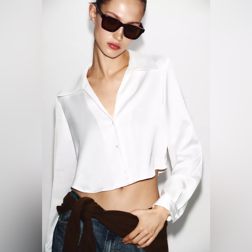 ZARA Cropped White Button-Front Satin Shirt - Women